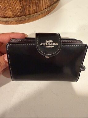 Coach Black Leather Snap-Closure Wallet with Silver Logo